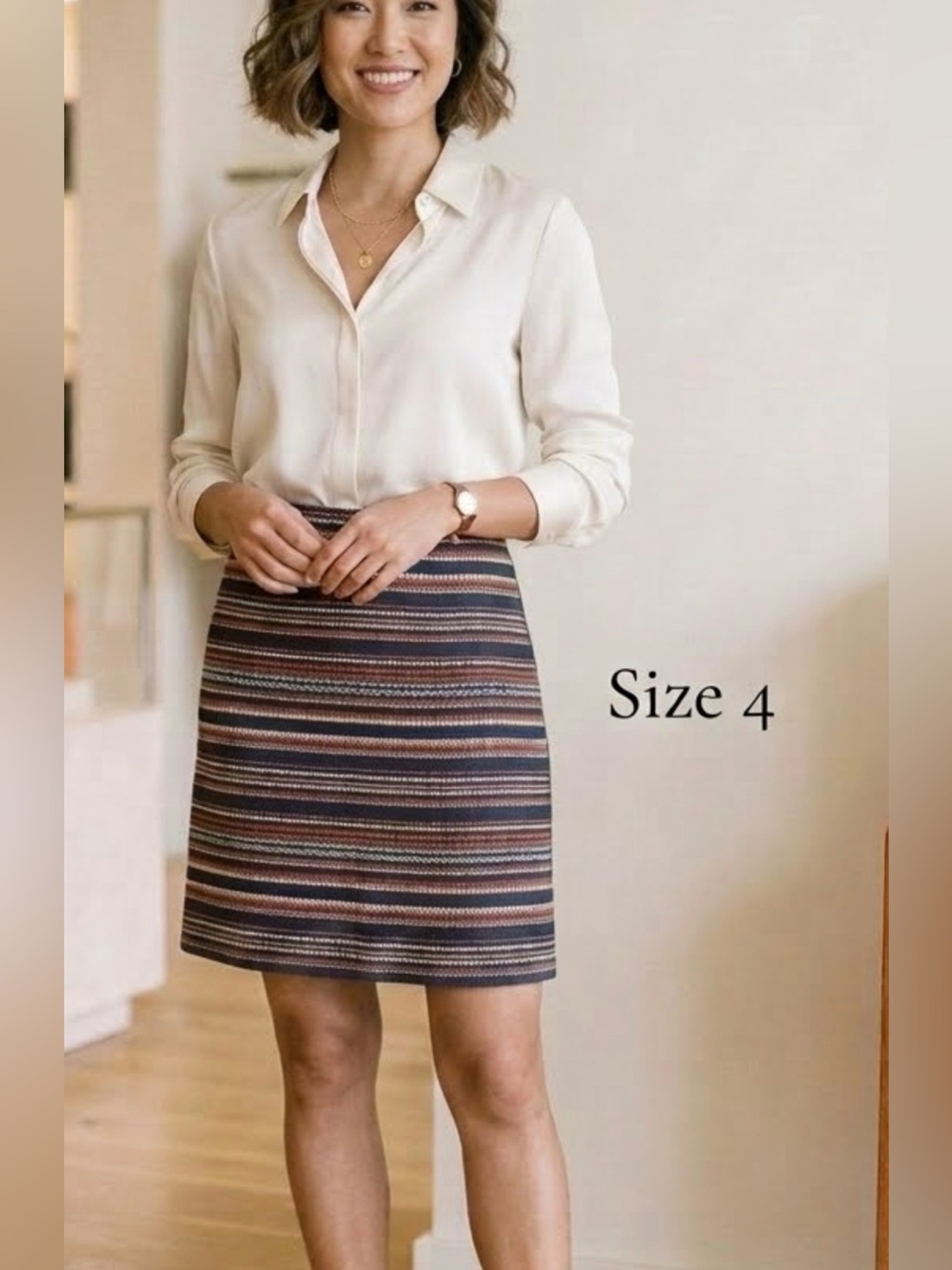 Striped Navy, Orange & White A-Line Knit Skirt Size 4